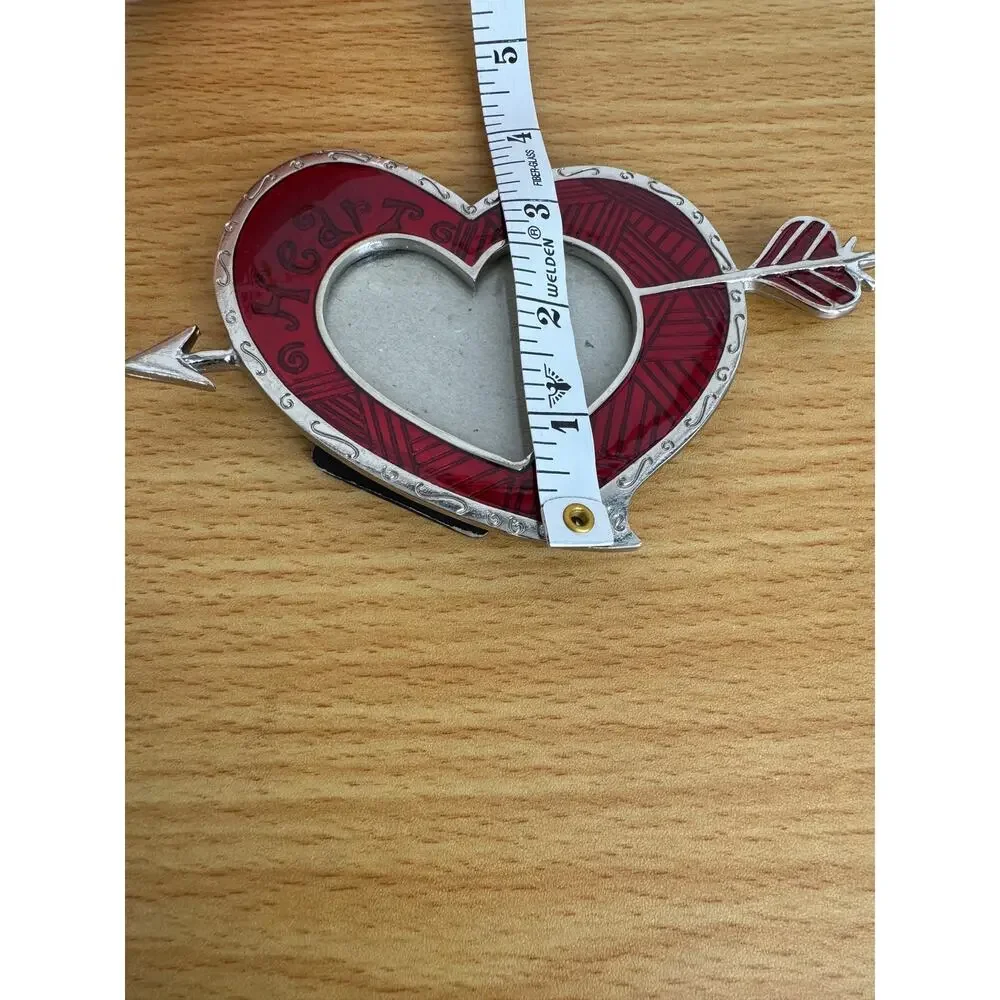 VTG heart shaped photo frame cupid arrow enamel red silver tone desktop love
